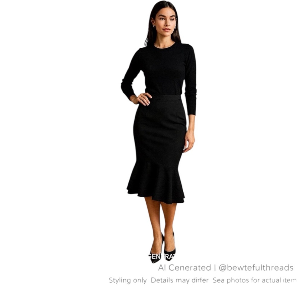 Marciano Black Mermaid Midi Skirt Size 6 Bodycon Flounce Work Office Chic